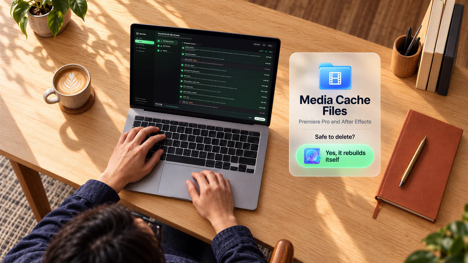 Someone using SpaceUp Mac on a MacBook next to a Media Cache Files card for Premiere Pro and After Effects. Safe to delete? Yes, it rebuilds itself.