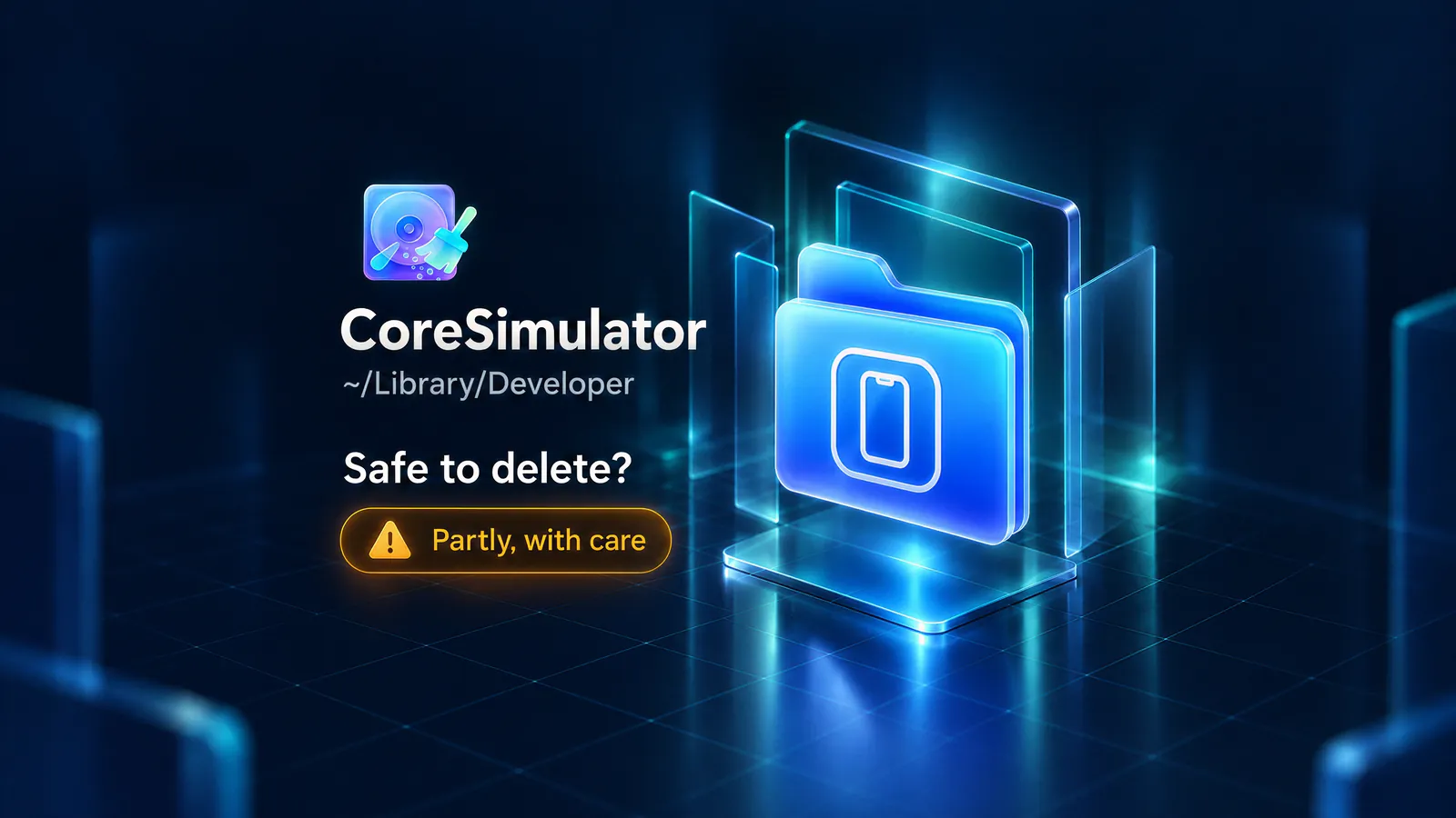 Blue CoreSimulator folder icon, ~/Library/Developer. Safe to delete? Partly, with care.