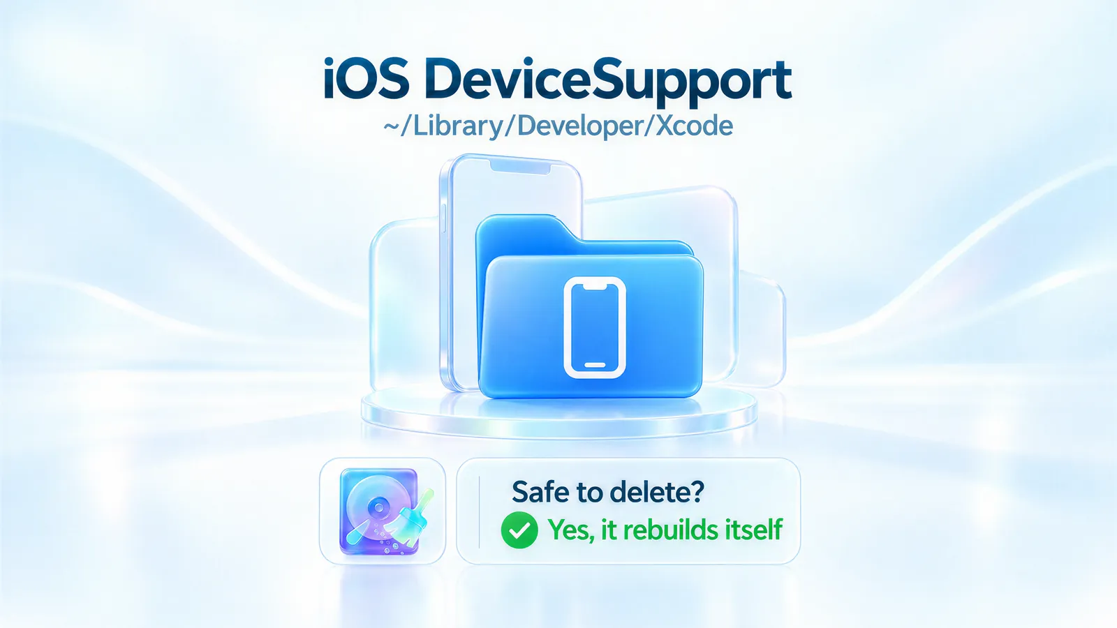 Blue iOS DeviceSupport folder icon, ~/Library/Developer/Xcode. Safe to delete? Yes, it rebuilds itself.