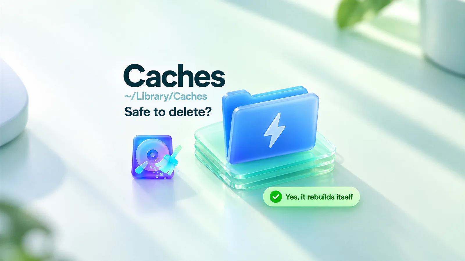 Blue Caches folder icon, ~/Library/Caches. Safe to delete? Yes, it rebuilds itself.