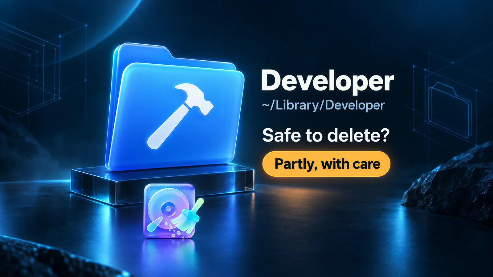 Blue Developer folder icon with a hammer, ~/Library/Developer. Safe to delete? Partly, with care.