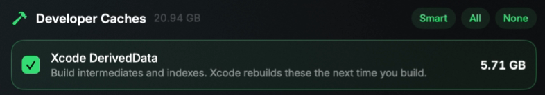 SpaceUp Mac's Clean tab on September 26, 2026, before I cleaned: Xcode DerivedData, ticked, under Developer Caches, at 5.71 GB